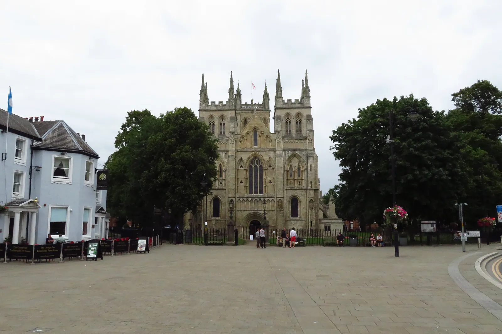 Selby Abbey's west front at the far end of the Market Place